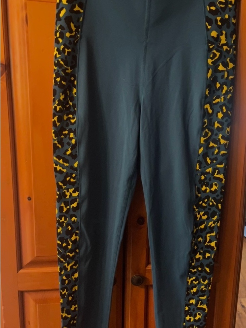 Sweaty Betty Teal Leggings with Yellow Leopard Side Panels